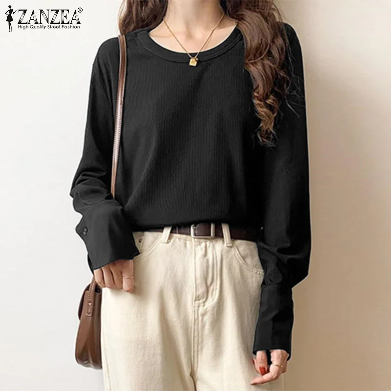 

Plain Work Tunic Top ZANZEA Vintage Long Sleeve Blouse Women Elegant O Neck Solid Shirt Femininas Clothing Casual Baggy Chemise
