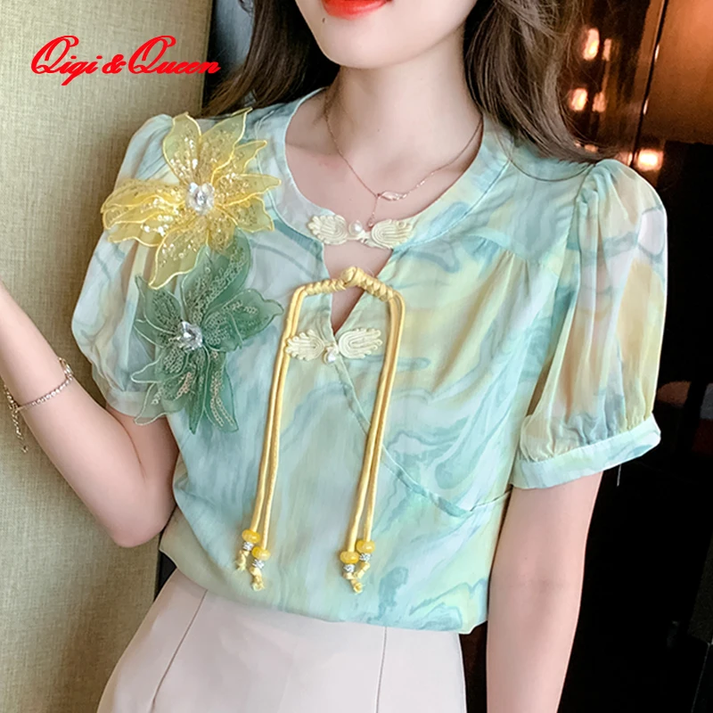 

Шикарная шифоновая блузка Qiqi & queen в Корейском стиле с цветочным принтом и бисером, простая серия, женские свободные винтажные рубашки, повседневные топы для работы, блузы на лето