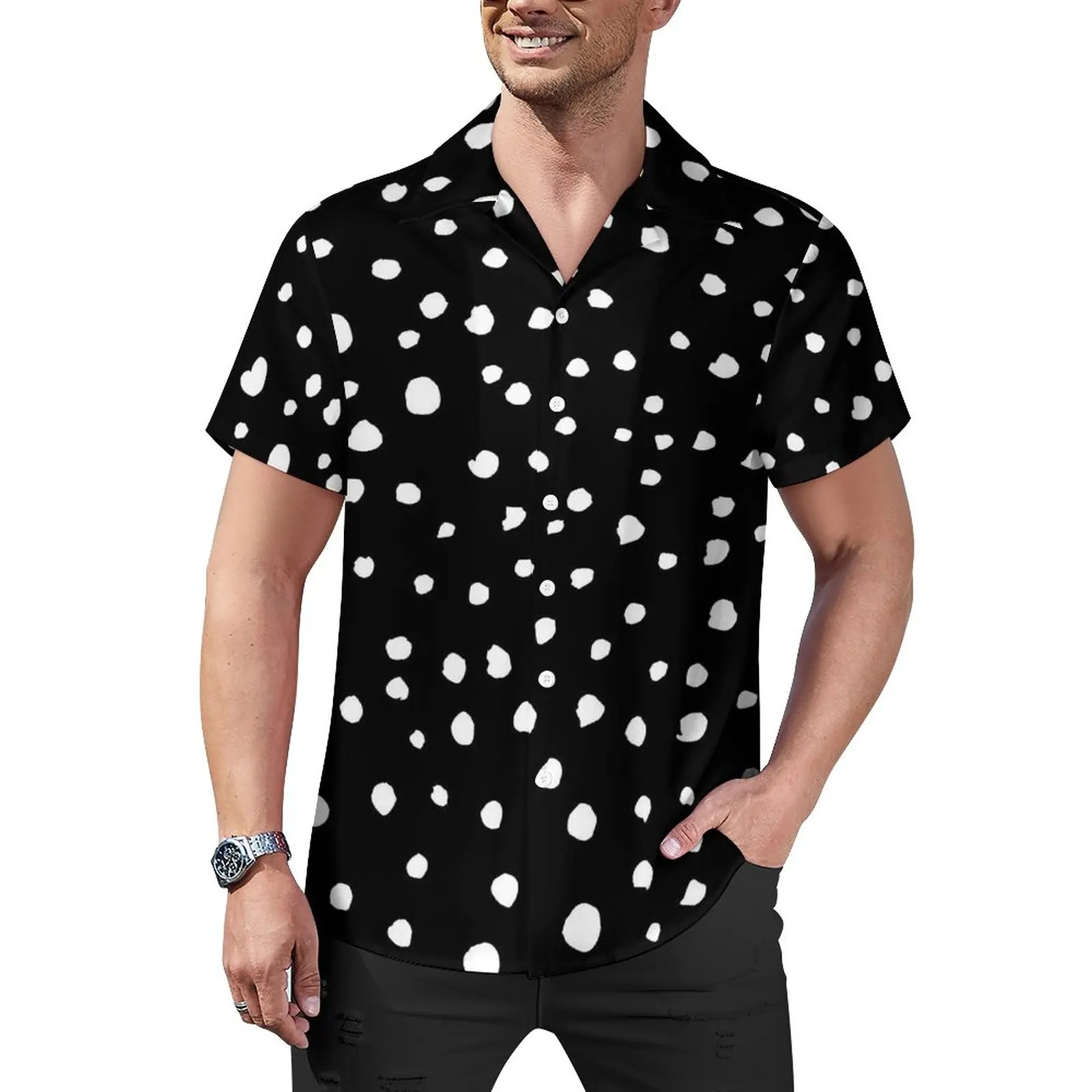 

Dalmatian Spots Print Casual Shirt White Polka Dots Beach Loose Shirt Hawaii Y2K Blouses Short Sleeve Graphic Oversized Tops