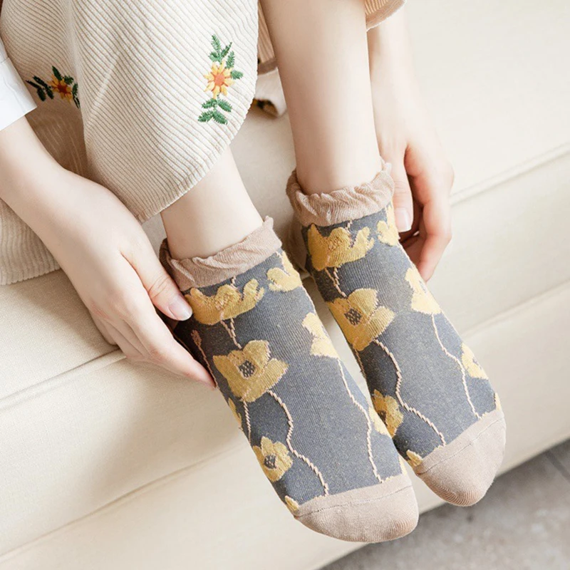 5Pair Ethnic Style Print Short Cotton Socks Women Vintage Harajuku Spring Summer Cool Socks Cute Streetwear Meia Feminina Sokken