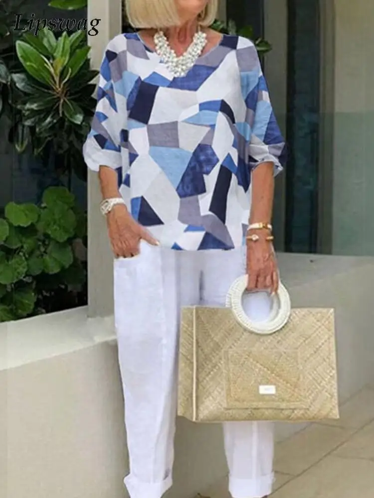 

Summer Vintage O-Neck Two Piece Set Women Print Pullover Tops + Pocket Long Pants Outfits Office Lady Fashion Half Sleeve Suits
