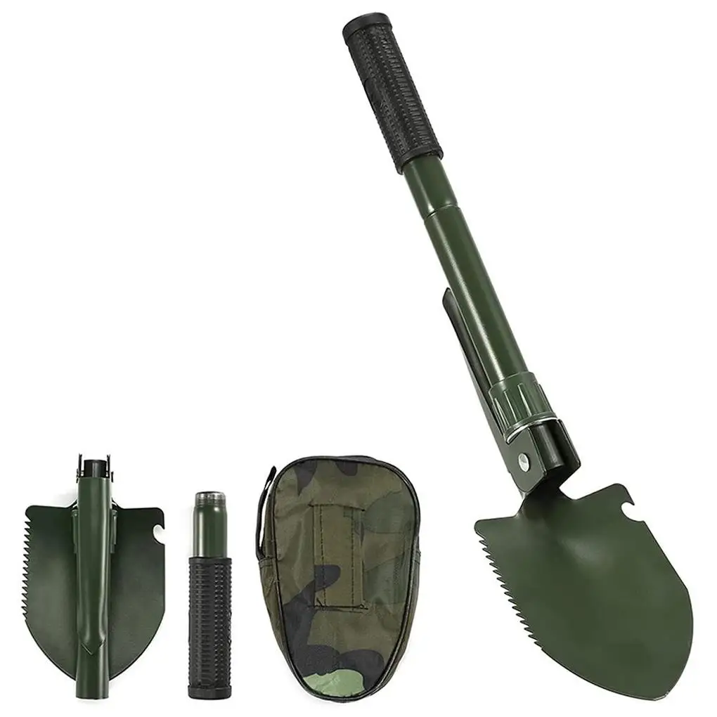 

Outdoor Foldable Shovel Multifunctional Carbon Steel Camping Spade with Storage Bag Spatula Engineer Emergency Green