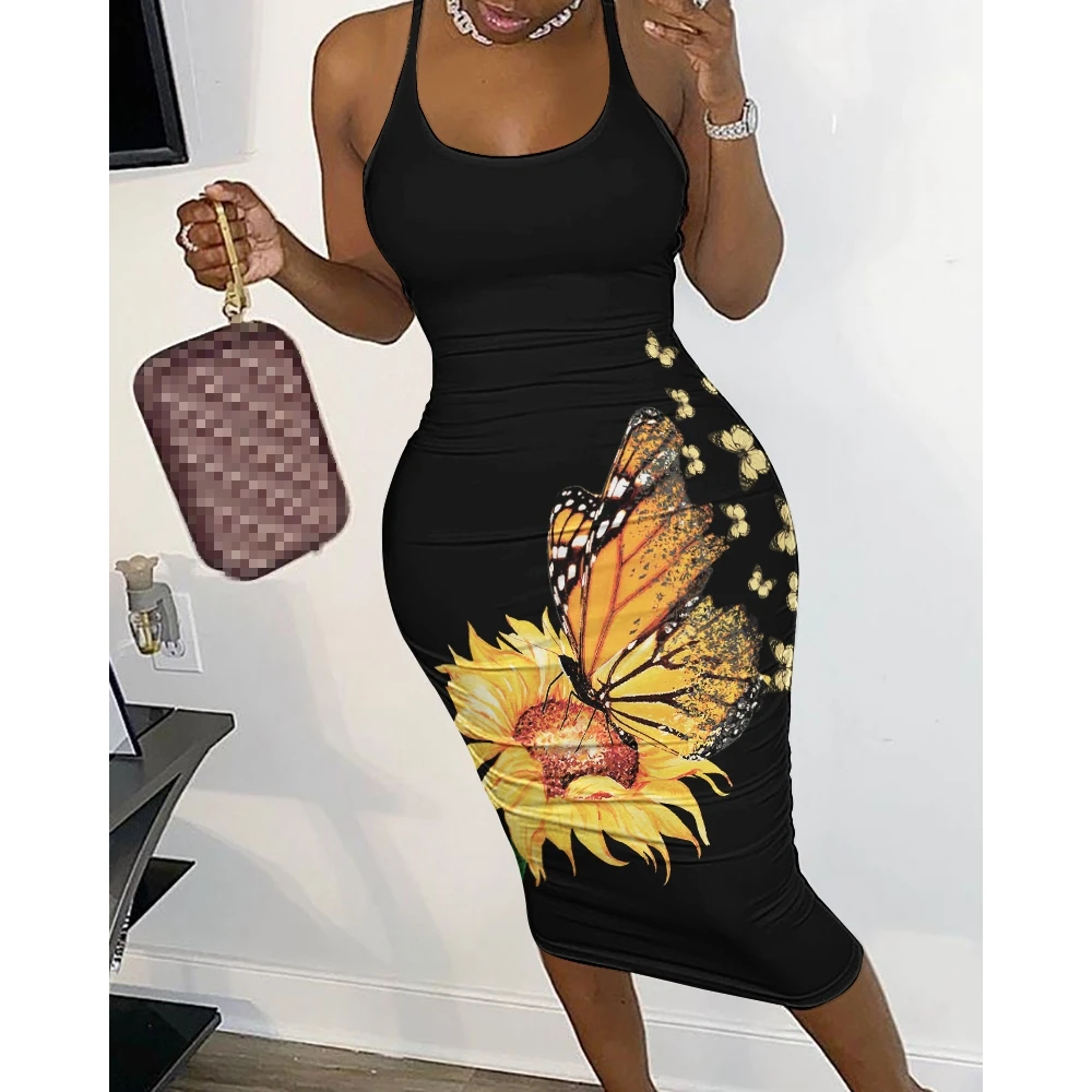 

Sexy Women Summer Backless Butterfly Sunflower Print Fishnet Bodycon Dress Fashion Femme Midi Sleeveless U-Neck Vacation 2023