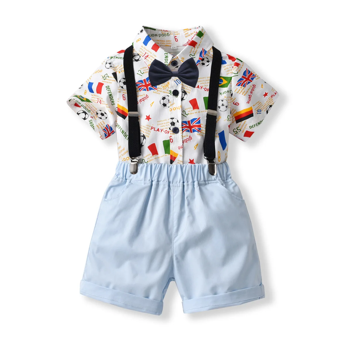 

Baby Boy Clothes Infant Clothing Sets Toddler Cartoon Print Bowtie T-shirt + Solid Suspender Shorts 2pcs Set Kids Party Dress
