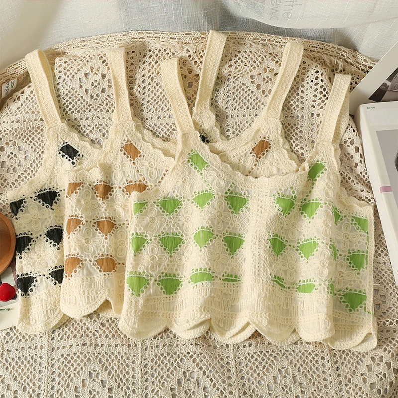 

Boring Honey Contrast Color Embroidery Tank Top Women Wavy-Edge Sleeveless Crop Top Women Chic Be All-Match Short Tops