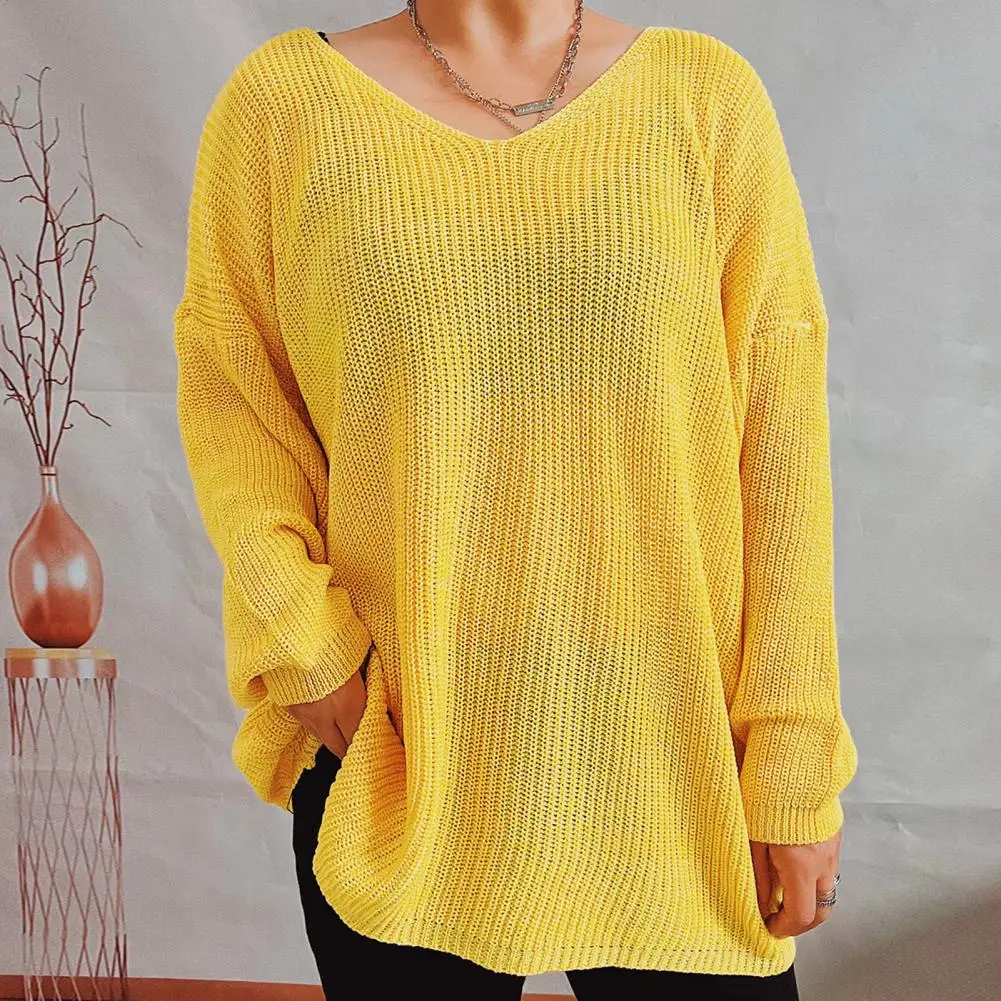 

Knitted Sweater Knitting V Neck Loose Fit Long Sleeves Stretchy Keep Warm Thin Style Slouchy Ribbed Knit Jumper Female Sweater