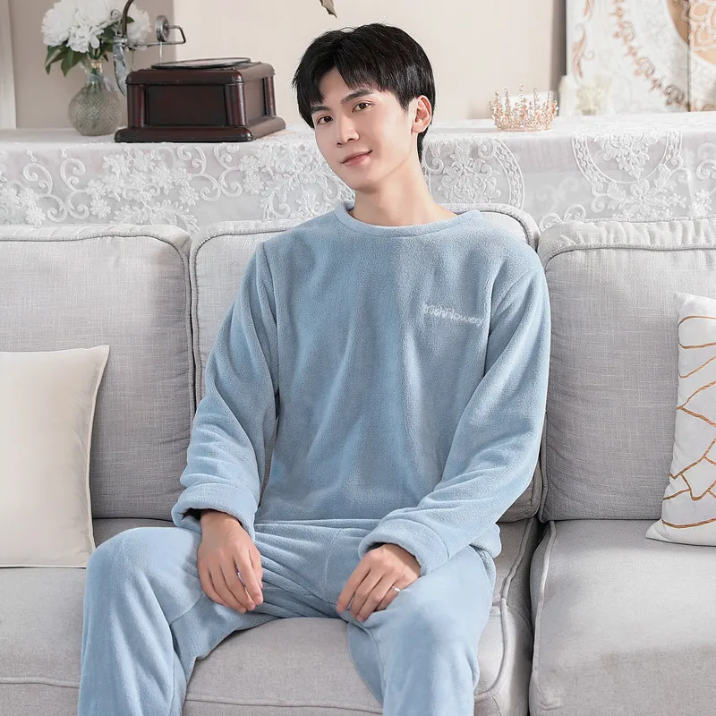 

2Piece Homewear Long Women Winter Couple Set Coral Fleece Sleeve Pajamas Loose Men's Warm Autumn Thick Gray Sleepwear With Pants