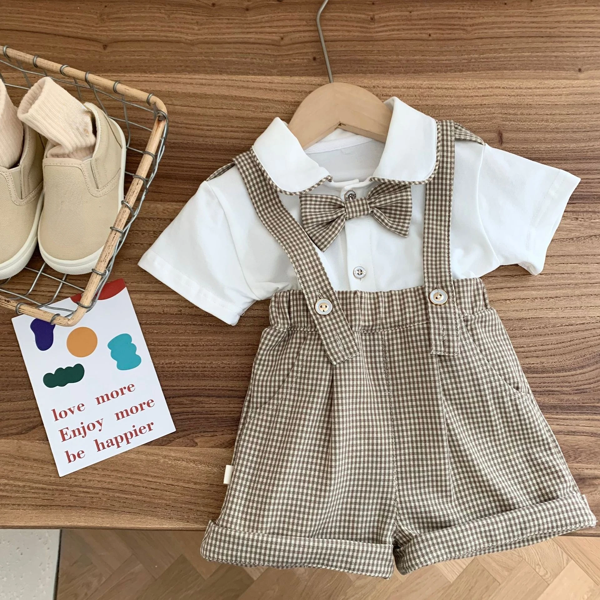 

Baby Set for Boys Spring Summer Infant Bow Short Sleeve Blouse+Plaid OVeralls Newborn Suit Kids Baby Children Clothing