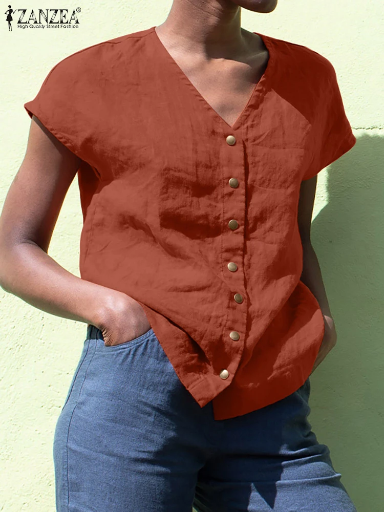 

Летняя Блузка ZANZEA 2022 года, модные однотонные рабочие топы на пуговицах, Повседневная рубашка, Женская свободная хлопковая блузка с V-образны...