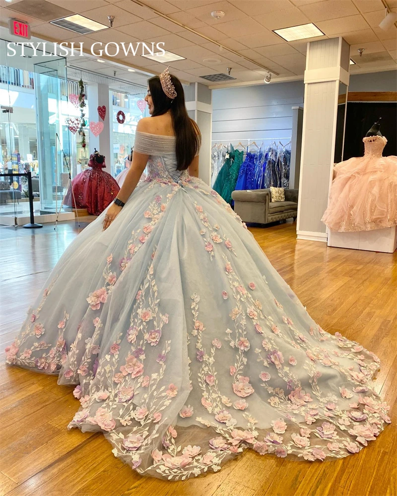 Cinderella Baby Blue Off The Shoulder Quinceanera Dresses 3D Flowers Ball Gown Formal Prom Graduation Gowns Princess Vestidos De