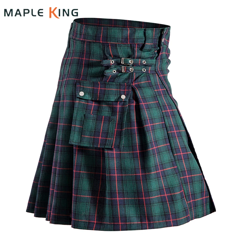 

Традиционная винтажная юбка-карго Kilts для мужчин в шотландском стиле с карманами, металлический пояс, плиссированная клетчатая юбка, Национальный костюм