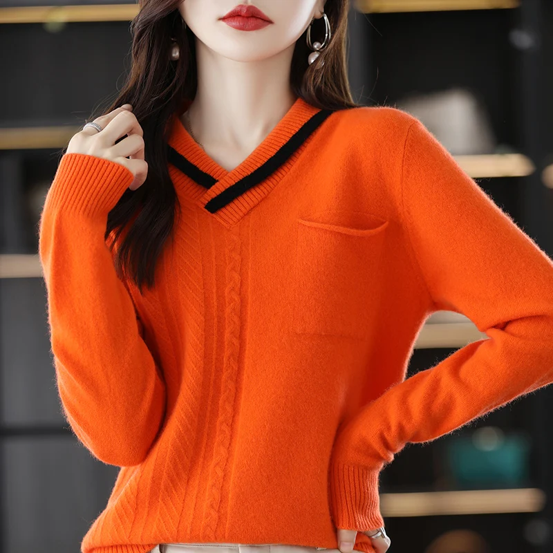 

Autumn/Winter New 100% Wool Ladies Pullover Stylish and Elegant V-Neck Splicing Sweater with Pocket Soft Waxy Comfortable Top