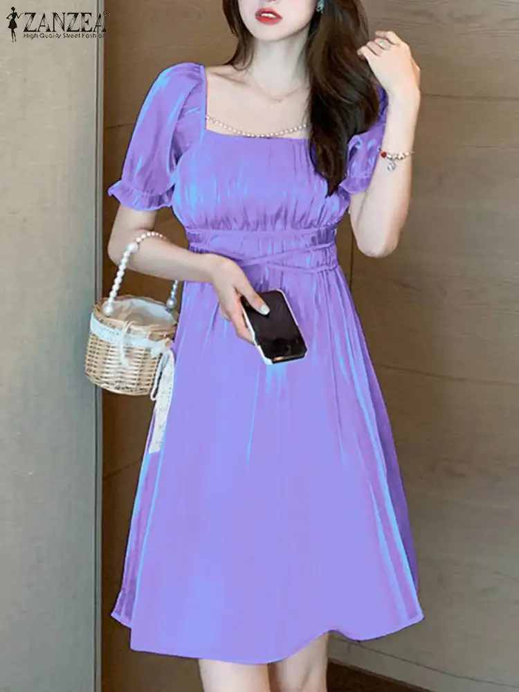 

ZANZEA Elegant Short Puff Sleeve Mini Dres Women Fashion Square Neck Glossy Short Dress Korean Style Pleated Front Party Vestido