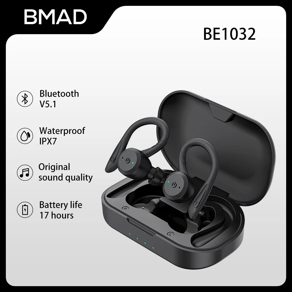 

BAMD-BE1032 часы воспроизведения Bluetooth 5,0, популярные спортивные наушники с ушным крючком, двойная износостойкая стильная беспроводная гарнитур...