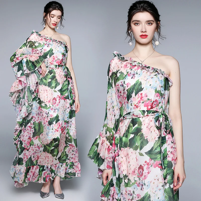 

Customize Made Women Summer Fashion Casual Elegant Plus Size 3XS-10XL Maxi Long Flower Print Bohemian Chiffon Vacation Dress
