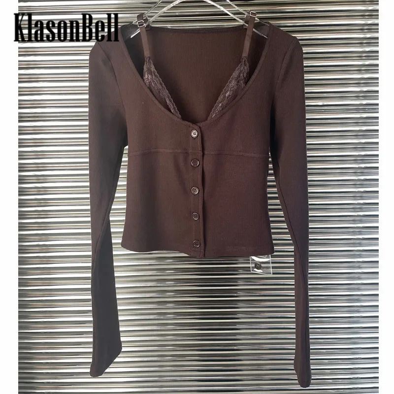 

8,10 KlasonBell сексуальный кружевной на тонких бретельках сращенный из двух частей с длинным рукавом вязаный кардиган для женщин