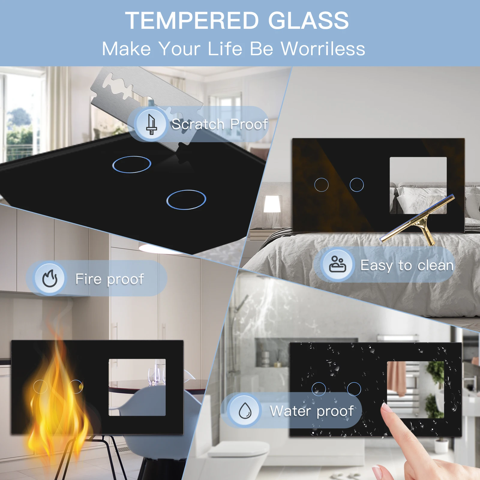 Фото BSEED 1/2/3/4Gang Light Touch Switch 1Way Plus 65w Dual Type-c USB Super Fast Charging Socket Порты Стеклянная панель Стандарт ЕС №5