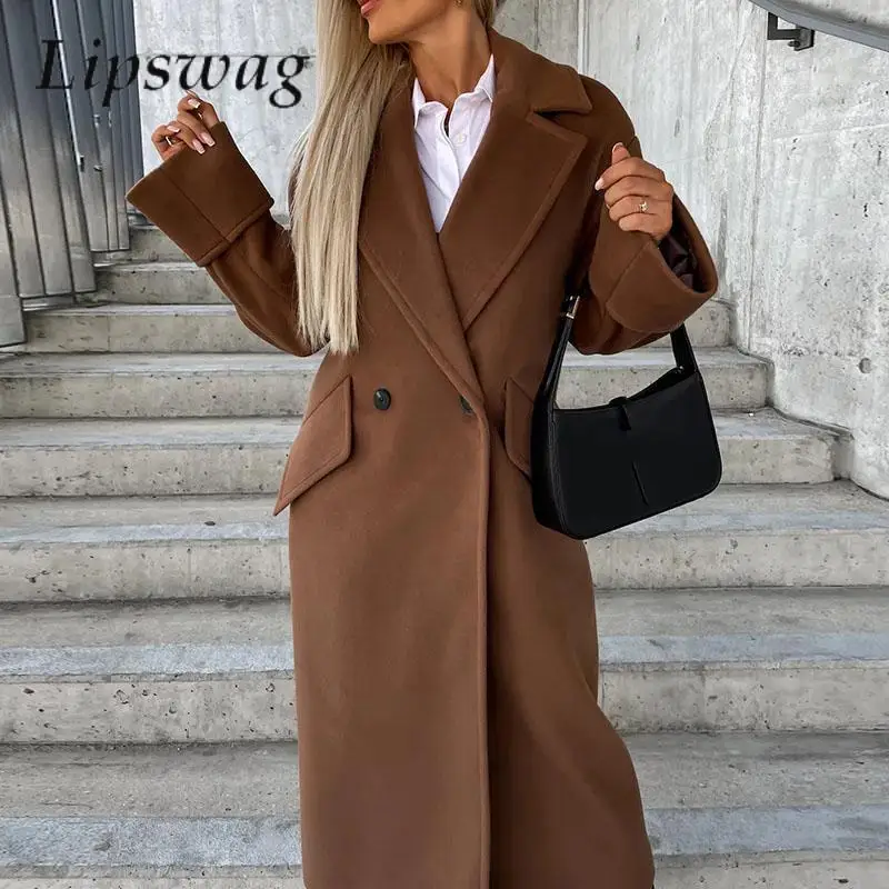 

Повседневный Модный Кардиган с длинным рукавом, верхняя одежда, женское однотонное элегантное шерстяное пальто с лацканами, простое стильное офисное женское осенне-зимнее пальто