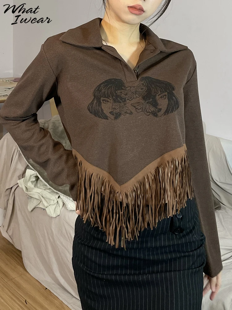 

Женская Вельветовая майка Whatiwear, Винтажная майка с забавным принтом и кисточками, с воротником-поло, на пуговицах, модная уличная одежда