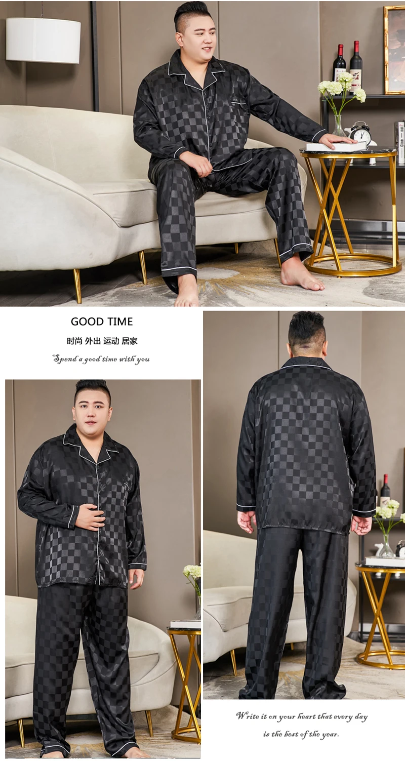 3XL-5XL Large Size Black Plaid Silk Pajamas Satin Man Autumn 2 Piece Set Long Sleeve Shirt and Pants Sleepwear Outfits Men Pjs