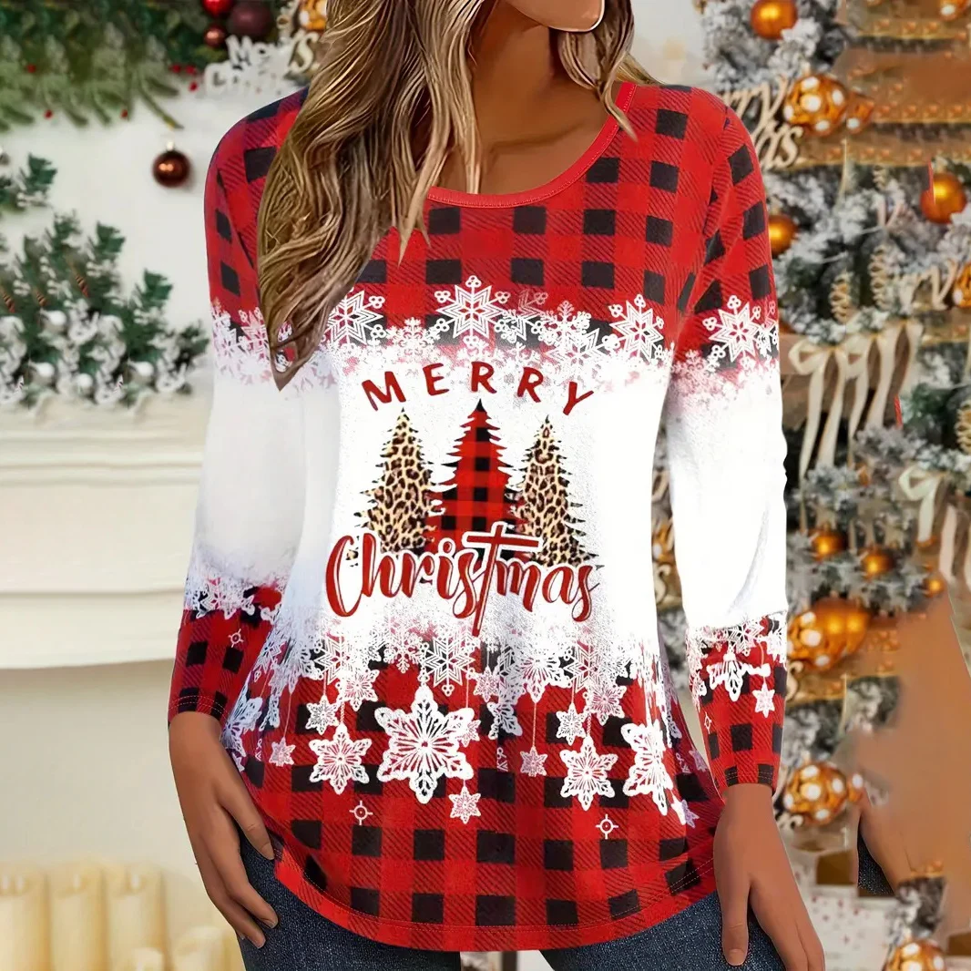 Осенне-рождественская женская футболка пуловер с длинными рукавами одежда