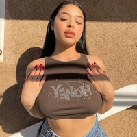 2021 y2k tees brown tops sequined letters print sleeveless camis sexy crop top summer women fashion streetwear outfits harajuku