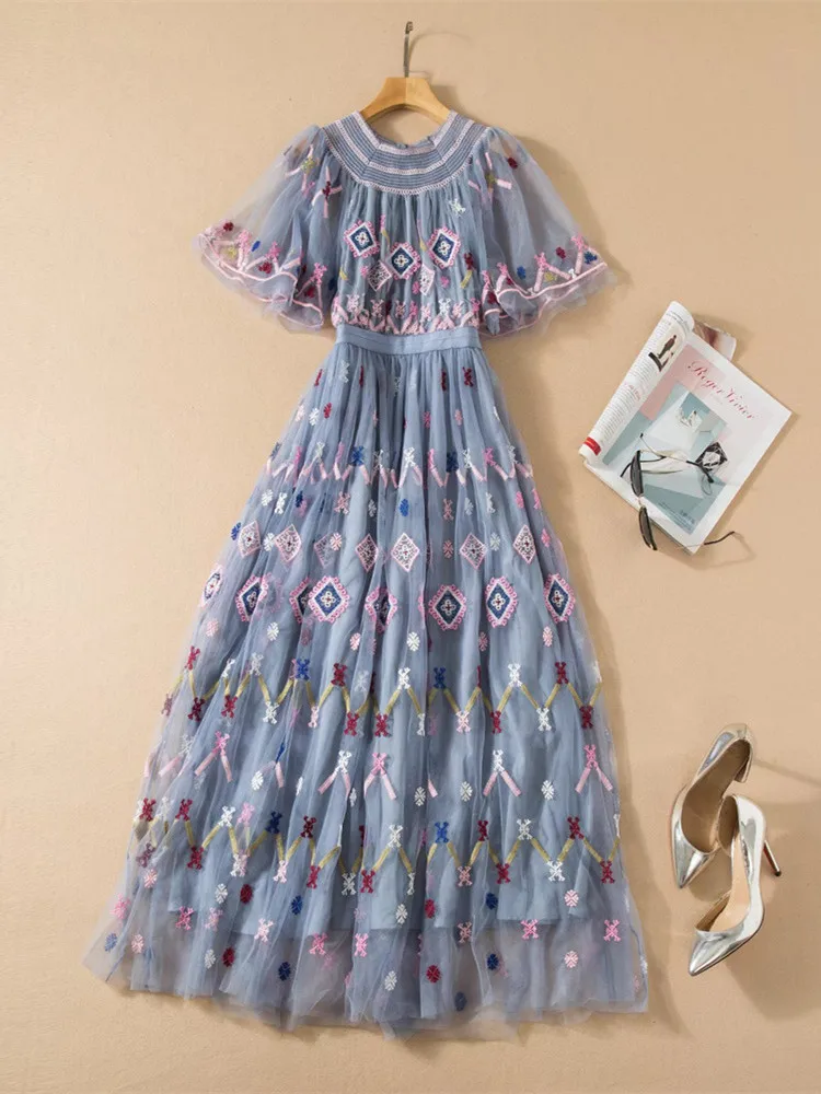 

Summer Designer Mesh Flower Embroidery Dress Women Short Flare Sleeve Vintage Geometric Black Blue Tulles Evening Party Vestidos