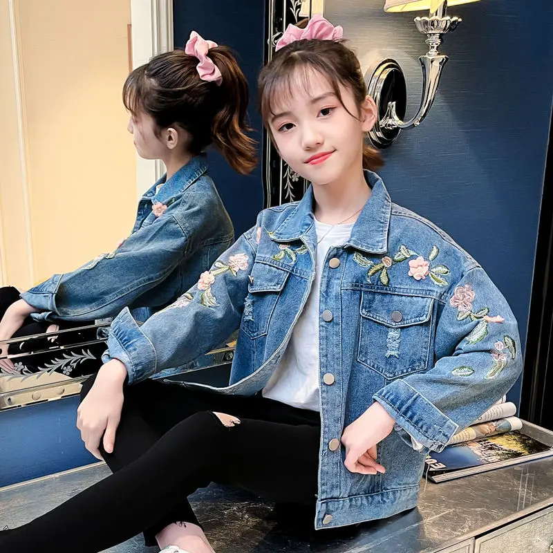

Джинсовая куртка для девочек, новая модель 2021 года, весенне-осенняя модная куртка с вышивкой в Корейском стиле, Детская куртка