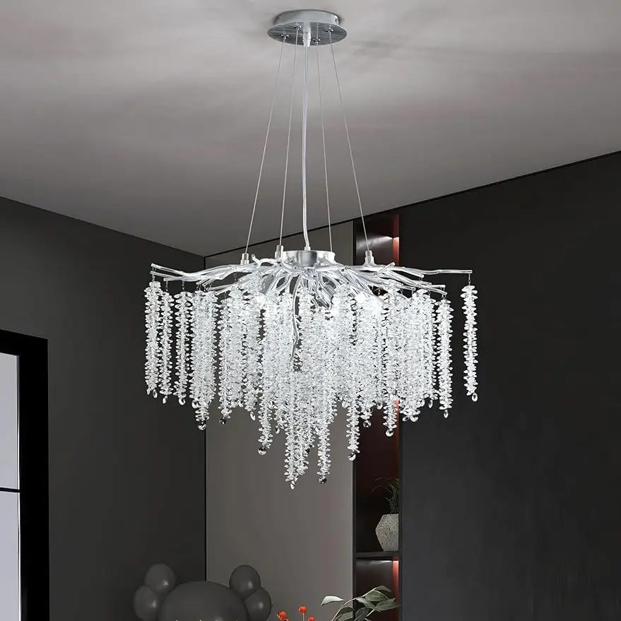 

Tree Branches Chandeliers Silver Luxury Round Raindrop Crystal Pendant Light 9 Lights Ceiling Hanging Light