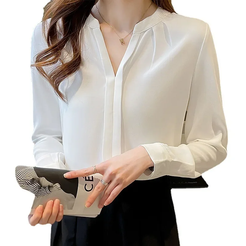 Элегантная шифоновая блузка с v-образным вырезом женская длинным рукавом новинка