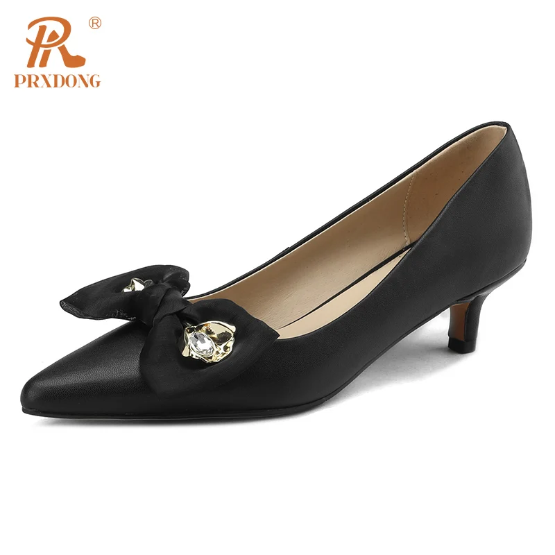 

PRXDONG Women's Pumps Genuine Leather Spring Summer Elegant Butterfly-knot Black Beige Dress Party Office Lady Shoes Pumps 34-40