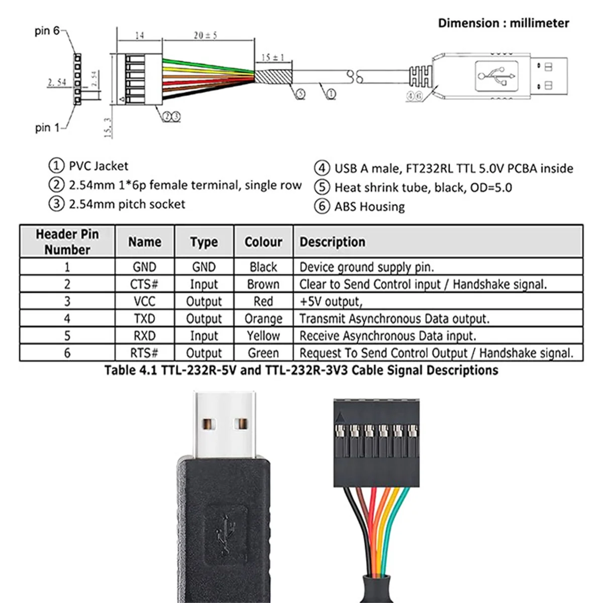 6-контактный TTL-232R-3V3 FT232 USB 2.0 к TTL 5 В 3 модуль адаптера кабеля для загрузки отладки