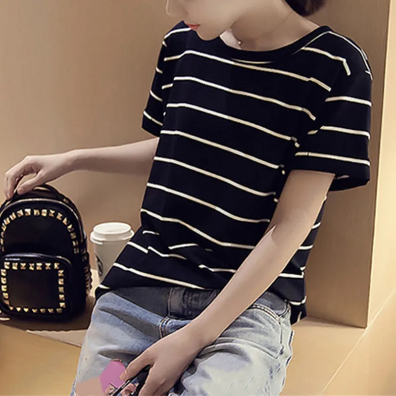 

Striped Vintage Short Sleeve T Shirt Women Summer Korean Fashion T-shirt Soft Tops Casual O-Neck Tee Shirt Female