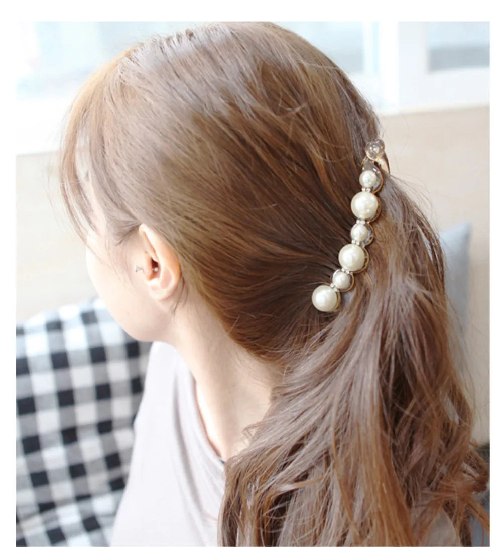 

Elegant Pearls Women Banana Clips Fashion Vertical Clip High Ponytail Holder Headwear Girl Summer Hair Claws Hairpins