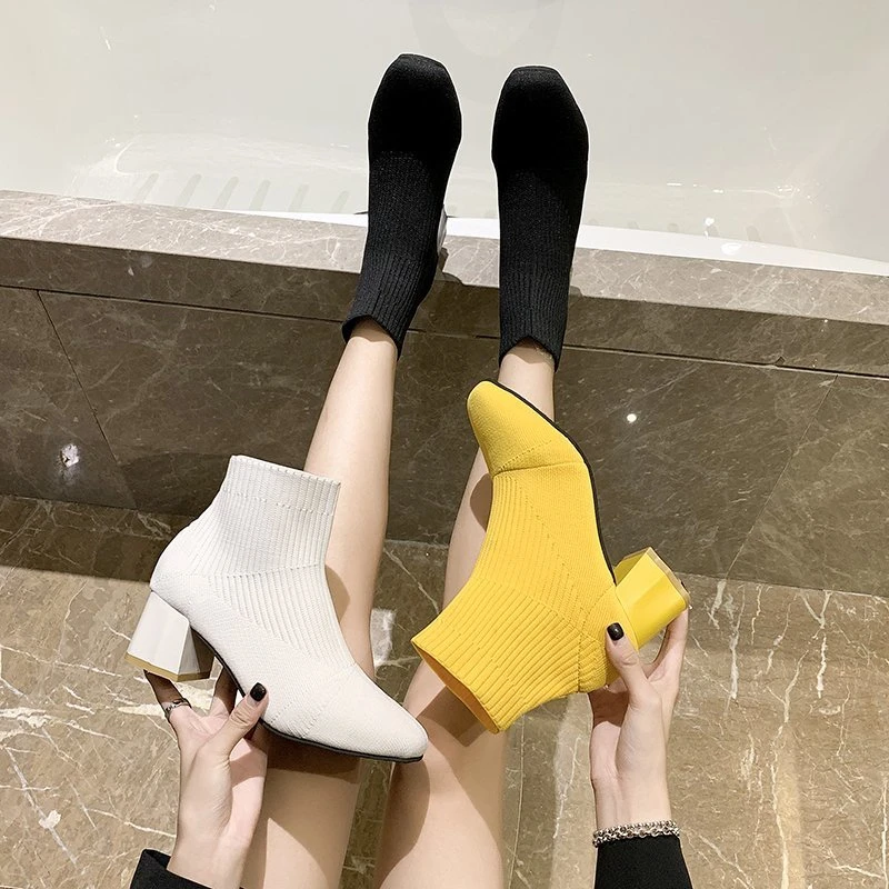 

2022 New Fashion Women's Boots Short Tube Square Toe Elastic Boots Solid Color Thick Heel Comfortable Women's Martin Boots