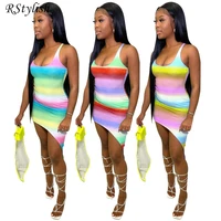 rstylish striped gradient print summer dresses for women 2022 sleeveless bodycon streetwear sexy party irregular mini dress
