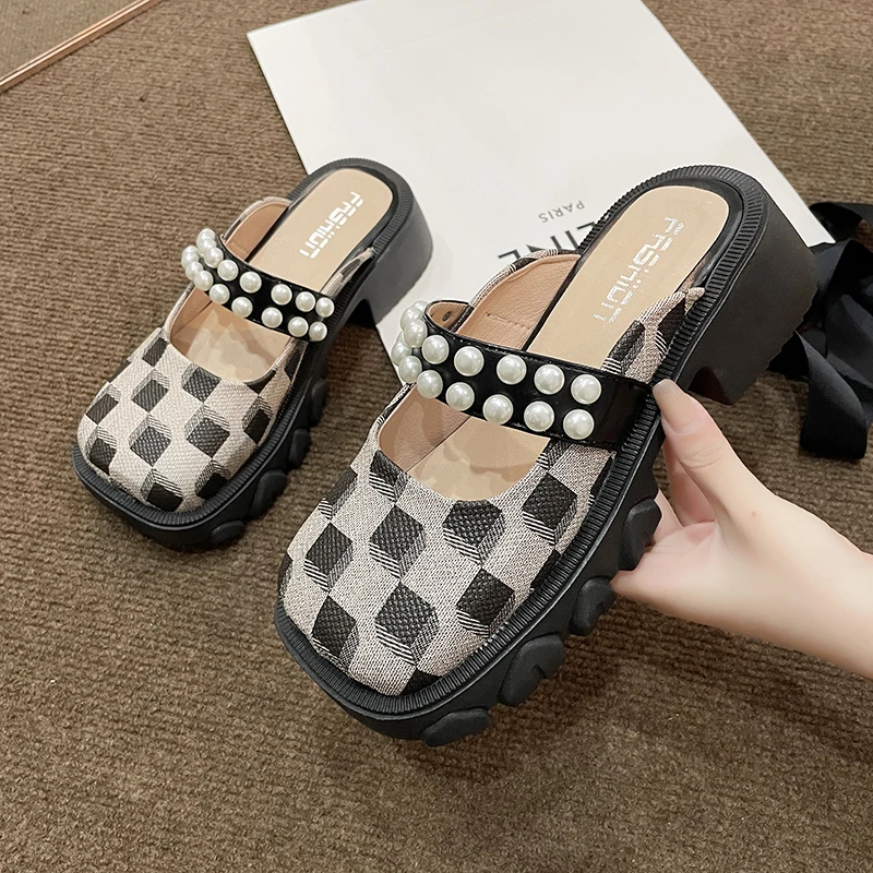 

New String Bead Women Shoes Platform Mules Slippers Trend Shallow Shoes Slingbacks Sandals Party Dress Mujer Zapatos 2023 Summer