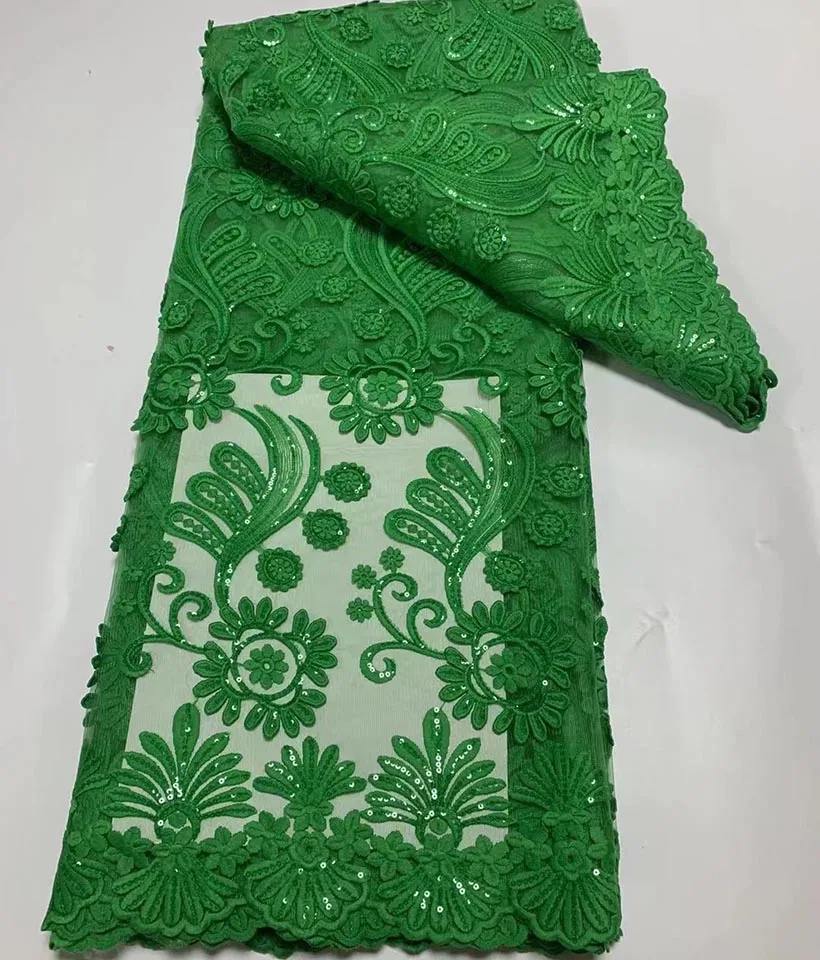 

Green African Lace Fabric With 3D Flower Applique Sequins French Tulle Mesh Lace Sew Clothe Traditional Wear Evening Gown 5Yards