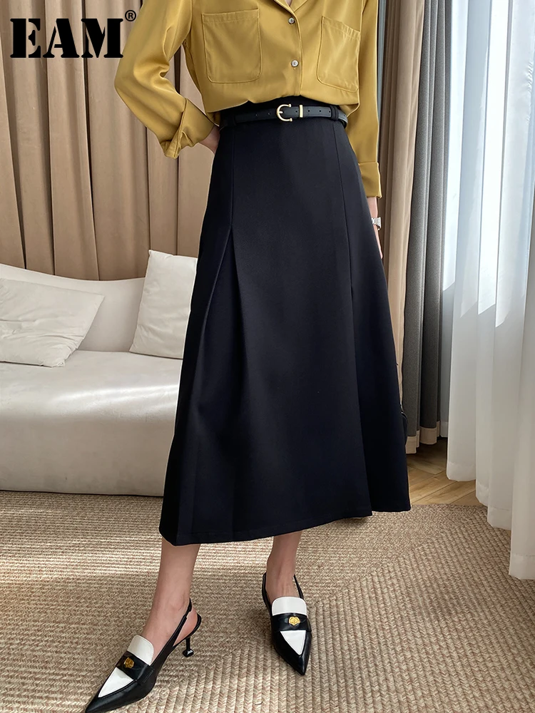 

[EAM] High Waist Black Irregular Zipper Elegant Belt Pleated Half-body Skirt Women Fashion Tide New Spring Autumn 2023 1DF6707
