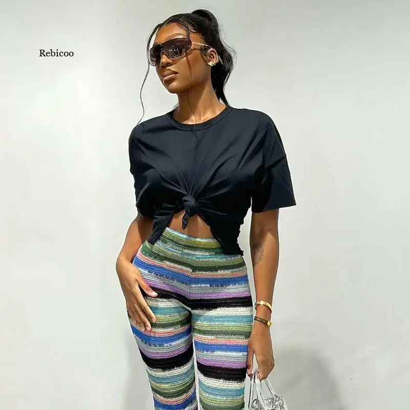 Colorful Striped Knitted Stacked Leggings Women High Waist Casual Pants Streetwear Fall 2022 Sexy Extra Long Trousers images - 6