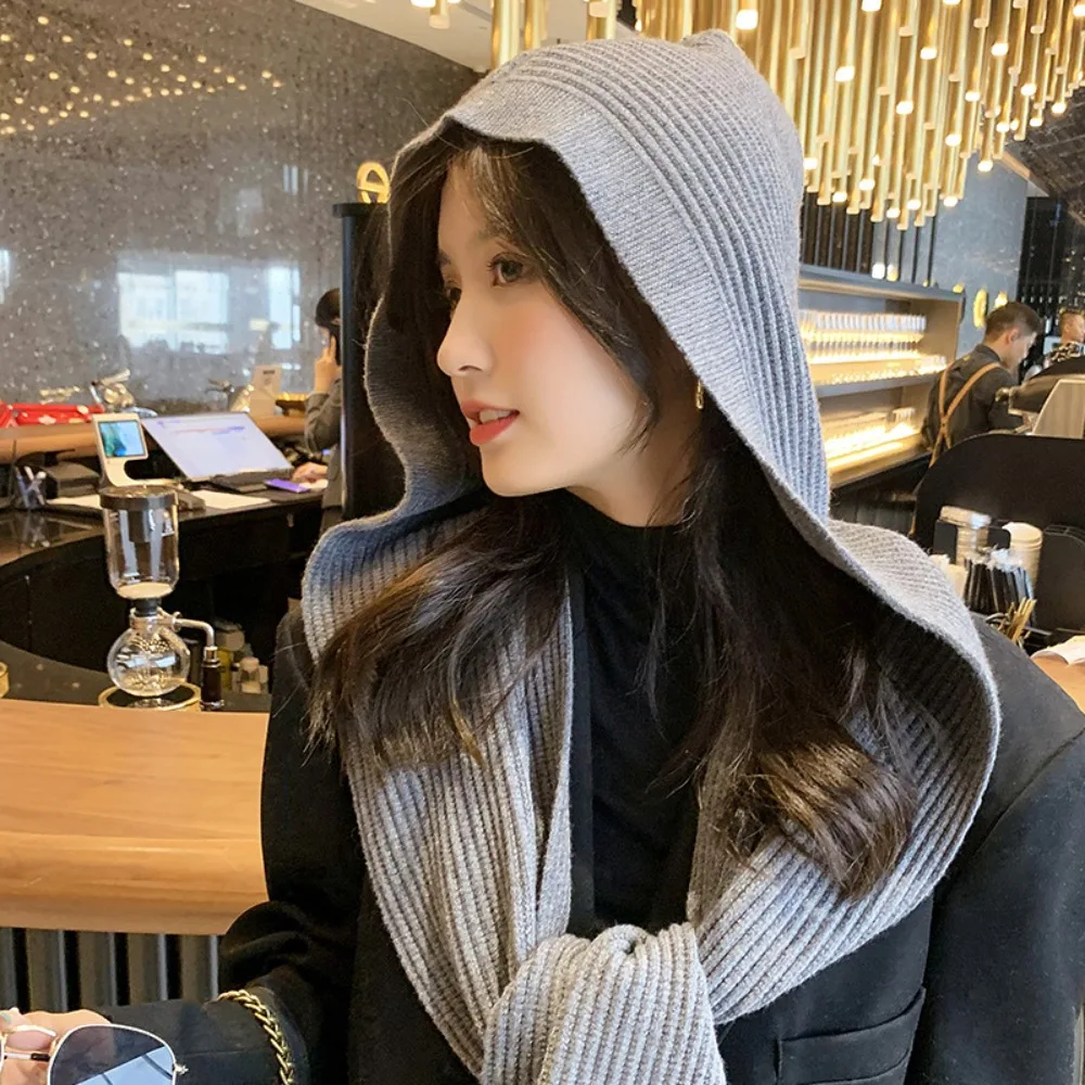 

Thicken Knitted Hooded Shawl New Solid Color Wool Keep Warm Scarf Plain Weave Pullover Hat Winter