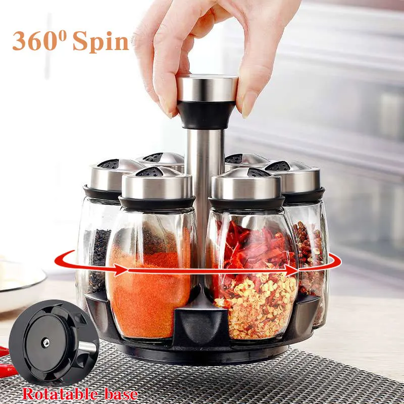 

1/7pcs Spice Jar Set Rack Glass Organizer Rotating Glass Seasoning Sugar Pepper Bottles Salt Shakers Holder Kitchen Storage Rack