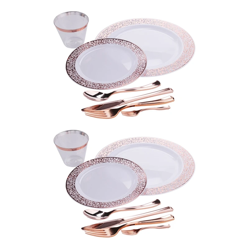 

HOT-2 Sets Of Rose Gold Disposable Tableware Set Cup Plastic Plate Table Knife Wedding Banquet Supplies