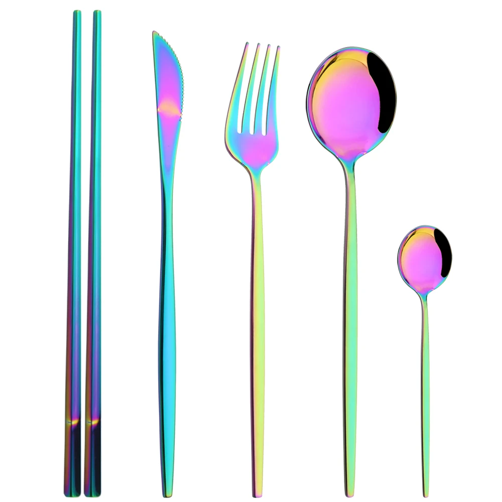 

Drmfiy Raibnow 5Pcs Dinnerware Stainless Steel Tableware Fork Knife Spoon Chopsticks Cutlery Set Western Kitchen Flatware Set
