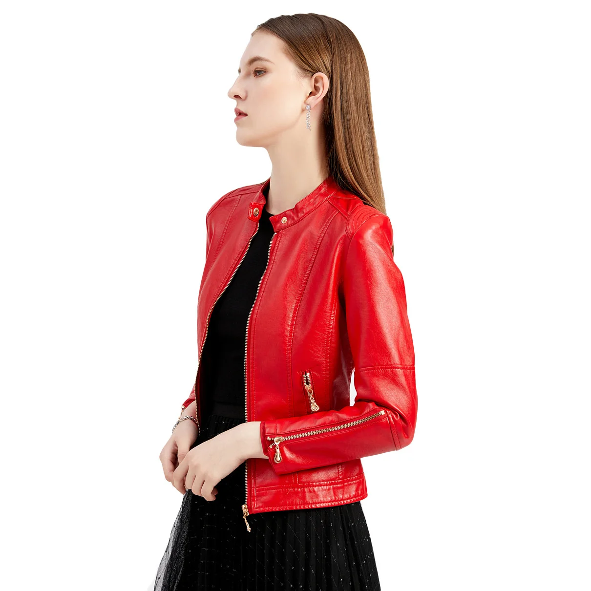 New fashion women's leather clothes PU leather short coat stand collar jacket women's spring and autumn thin leather jacket gram
