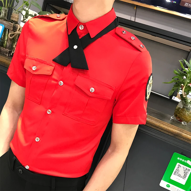 Tie Work Uniform Shirts for Men Summer Short Sleeve Casual Slim Shirt Social Party Tuxedo Blouse Couple Nightclub TopsStreetwear