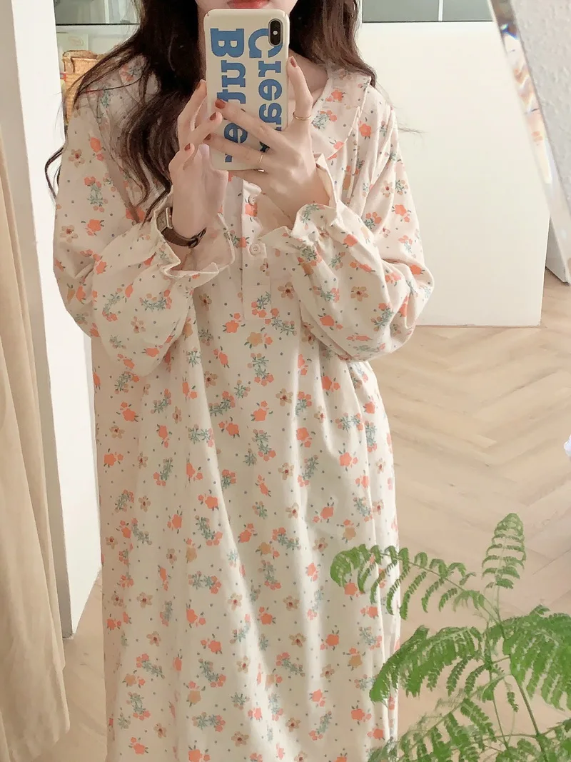 

Women's Casual Pajamas Autumn Winter Cotton Flower Print Nightgowns Loose Long Sleeve Midi Nightdress Contracted Homewear D777