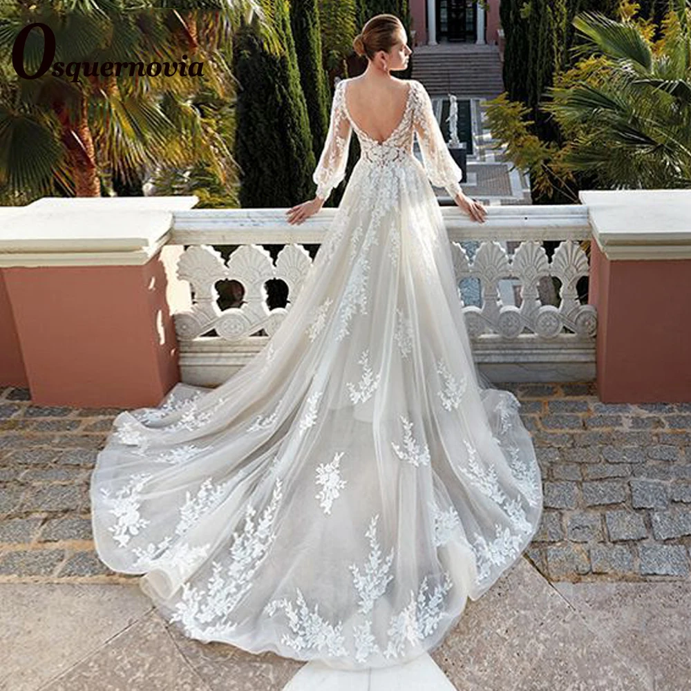 

Osquernovia Vintage Wedding Dresses for Brides Puff Sleeves Court Train A-line Lace Appliques Vestido De Noiva Made to Order