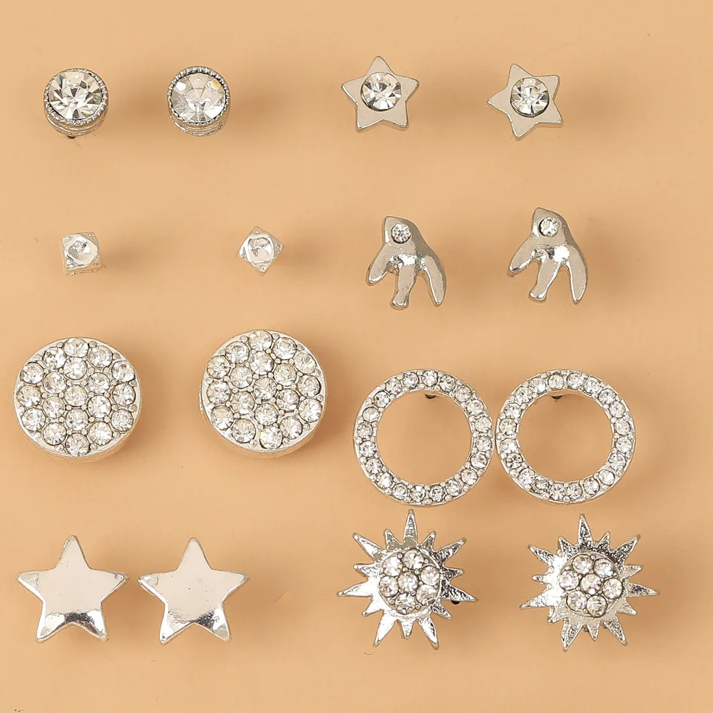 

2022 New Luxury Crystal Stud Earrings Set Star Sun Round Shaped Earrings Women Ladies Exquisite Ear Ring Party Gifts Studs