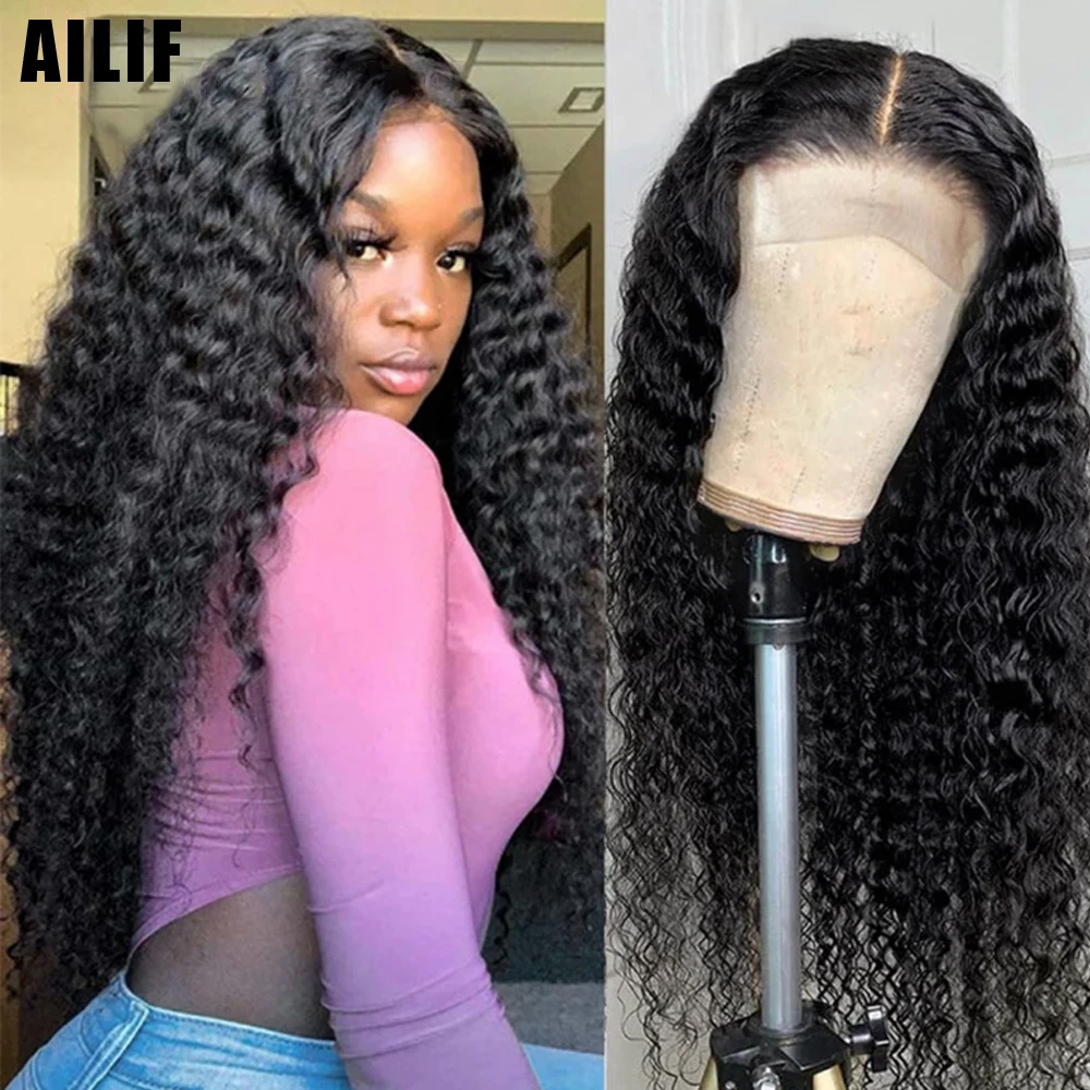

AILIF Deep Wave Closure Wigs Glueless Human Hair Wigs Preplucked Brazilian Remy Hair 180% Density 4x4 Lace Curly Hair Wigs